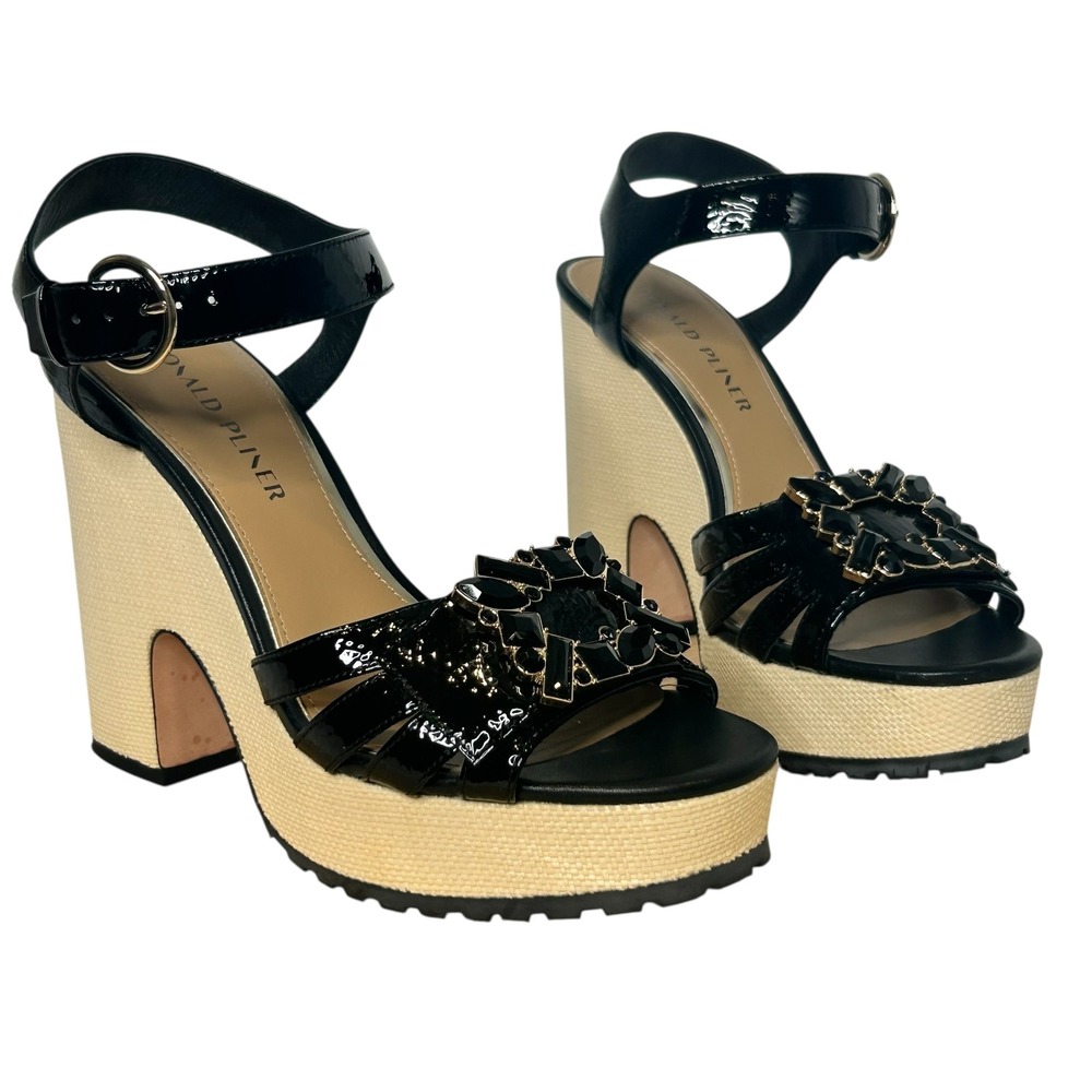 Donald Pliner Galatea Black Patent Leather Platform Wedge Ankle Strap Sandal 8.5